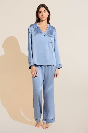 Blue Navy Women Eberjey Inez Washable Silk Long PJ Set Pajamas | GUD8671FJ