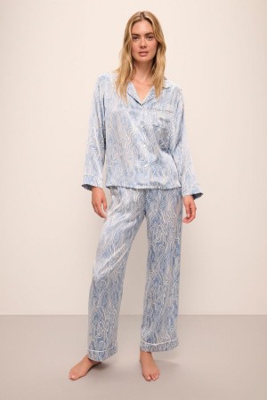 Blue White Women Eberjey Inez Washable Silk Printed Long PJ Set Pajamas | AQC6170YB