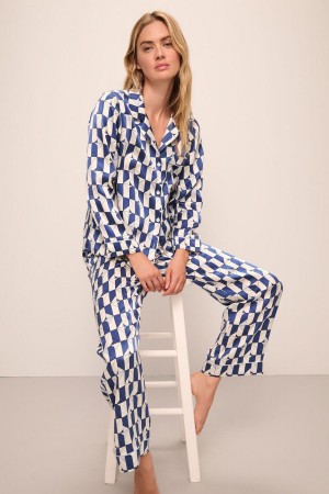 Blue White Women Eberjey Inez Washable Silk Printed Long PJ Set Pajamas | HJE4838DV