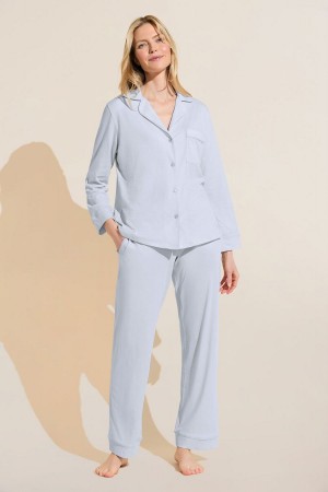 Blue Women Eberjey Organic Pima Cotton Notch Collar Top & Pant PJ Set Pajamas | UAY6632DD