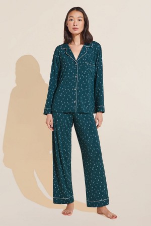 Dark Green White Women Eberjey Gisele Printed TENCEL™ Modal Long PJ Set Pajamas | YKN3824UX