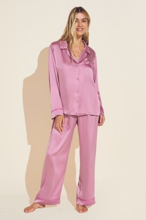 Italian Rose Pink Women Eberjey Inez Washable Silk Long PJ Set Pajamas | OZS1092BT