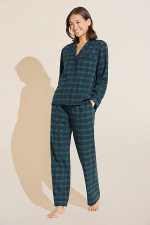 Navy Green Women Eberjey Flannel Long PJ Set Pajamas | WYL2611AI