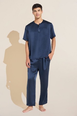 Navy Men Eberjey Charles Washable Silk Short Sleeve & Pant PJ Set Pajamas | JZR8057EB