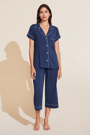 Navy White Women Eberjey Gisele TENCEL™ Modal Short Sleeve Cropped PJ Set Pajamas | NAN87100PW