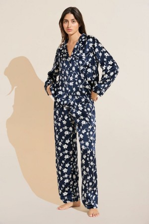 Navy White Women Eberjey Inez Washable Silk Printed Long PJ Set Pajamas | LVD3020BZ