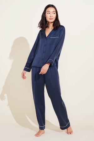 Navy Women Eberjey Inez Washable Silk Long PJ Set Pajamas | JOA6817JK