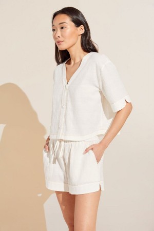 White Women Eberjey Crinkle Woven Short Sleeve Top & Short Set Pajamas | VFY8396MC