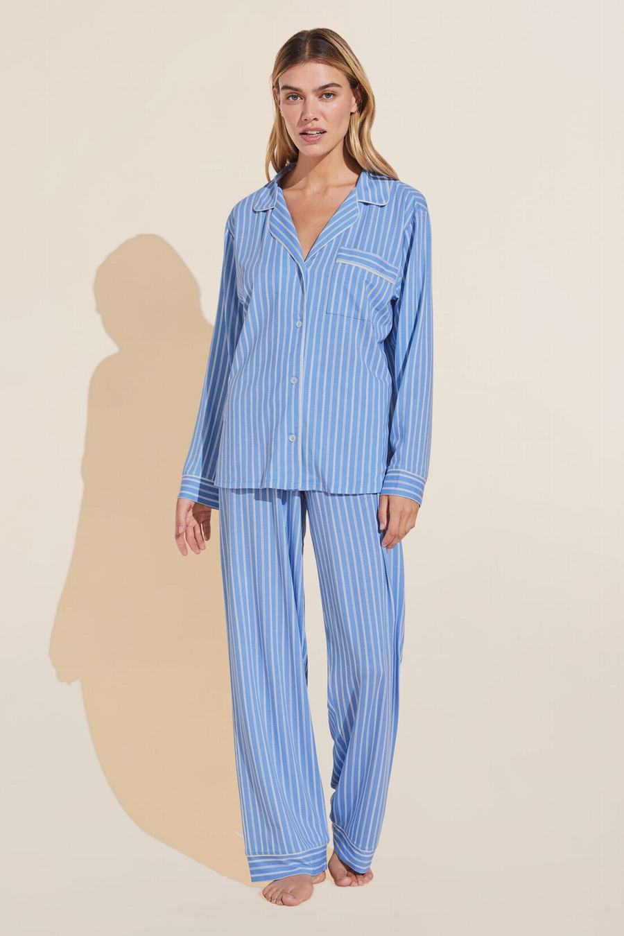 Blue White Women Eberjey Gisele Printed TENCEL™ Modal Long PJ Set Pajamas | OUB196BT