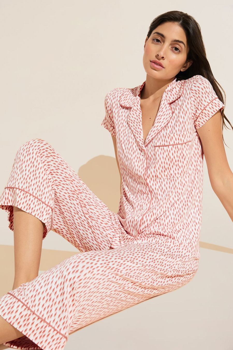 Dark Red Pink White Women Eberjey Gisele Printed TENCEL™ Modal Short Sleeve Cropped PJ Set Pajamas | EWH8154XM