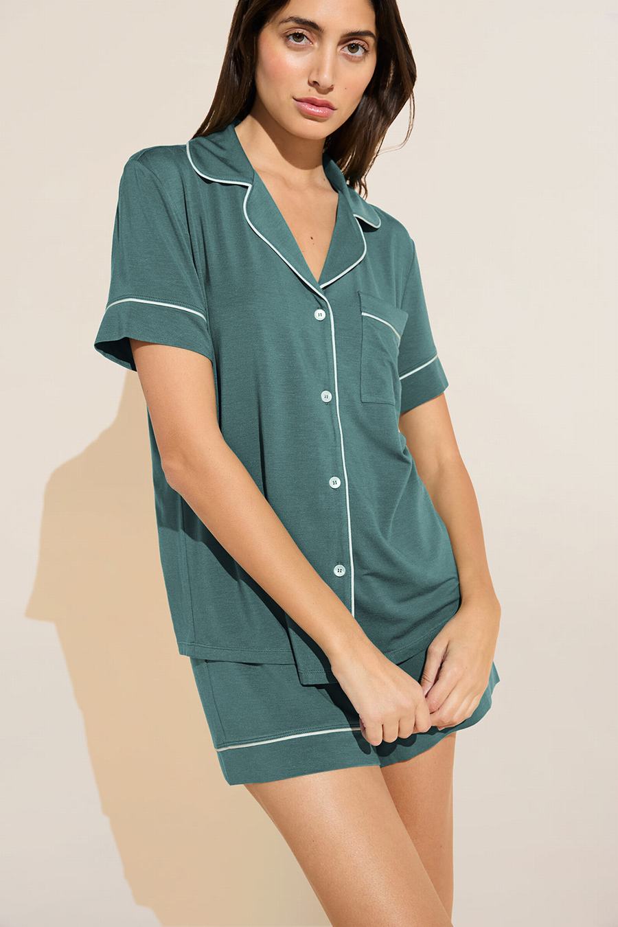 Green White Women Eberjey Gisele TENCEL™ Modal Relaxed Short PJ Set Pajamas | SLA2382XJ