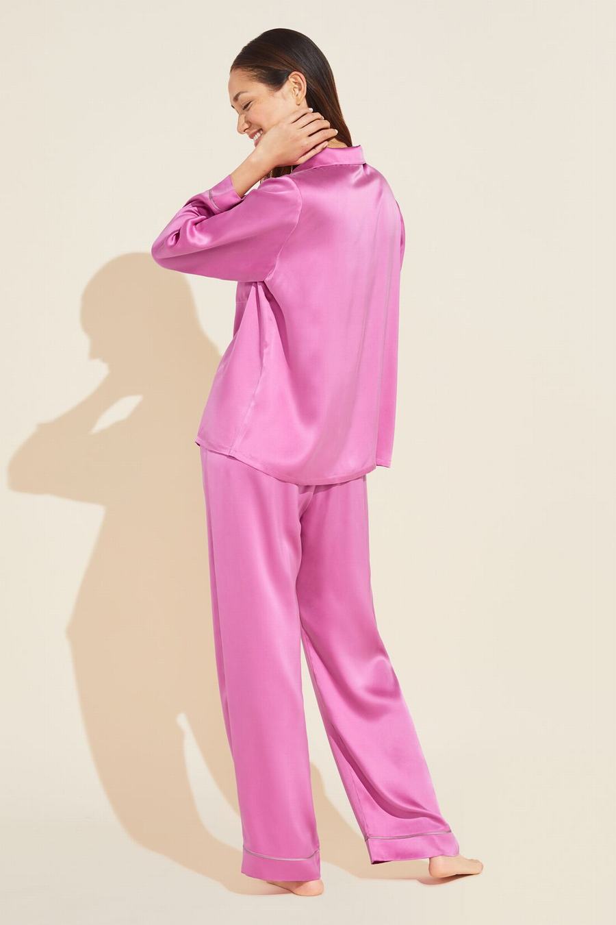 Italian Rose Pink Women Eberjey Inez Washable Silk Long PJ Set Pajamas | OCX8892PG