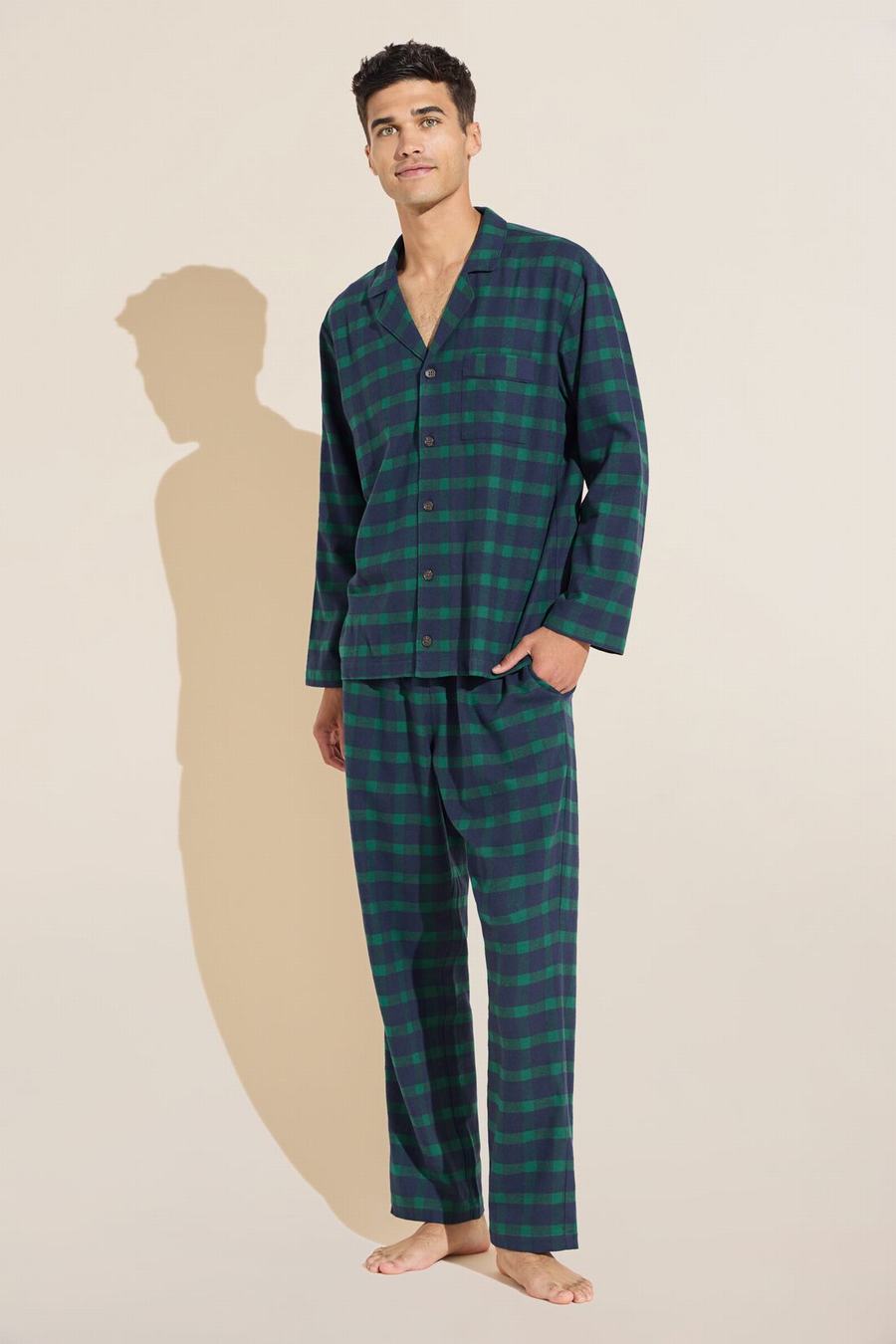 Navy Green Men Eberjey Flannel Long PJ Set Pajamas | QEQ6680FY