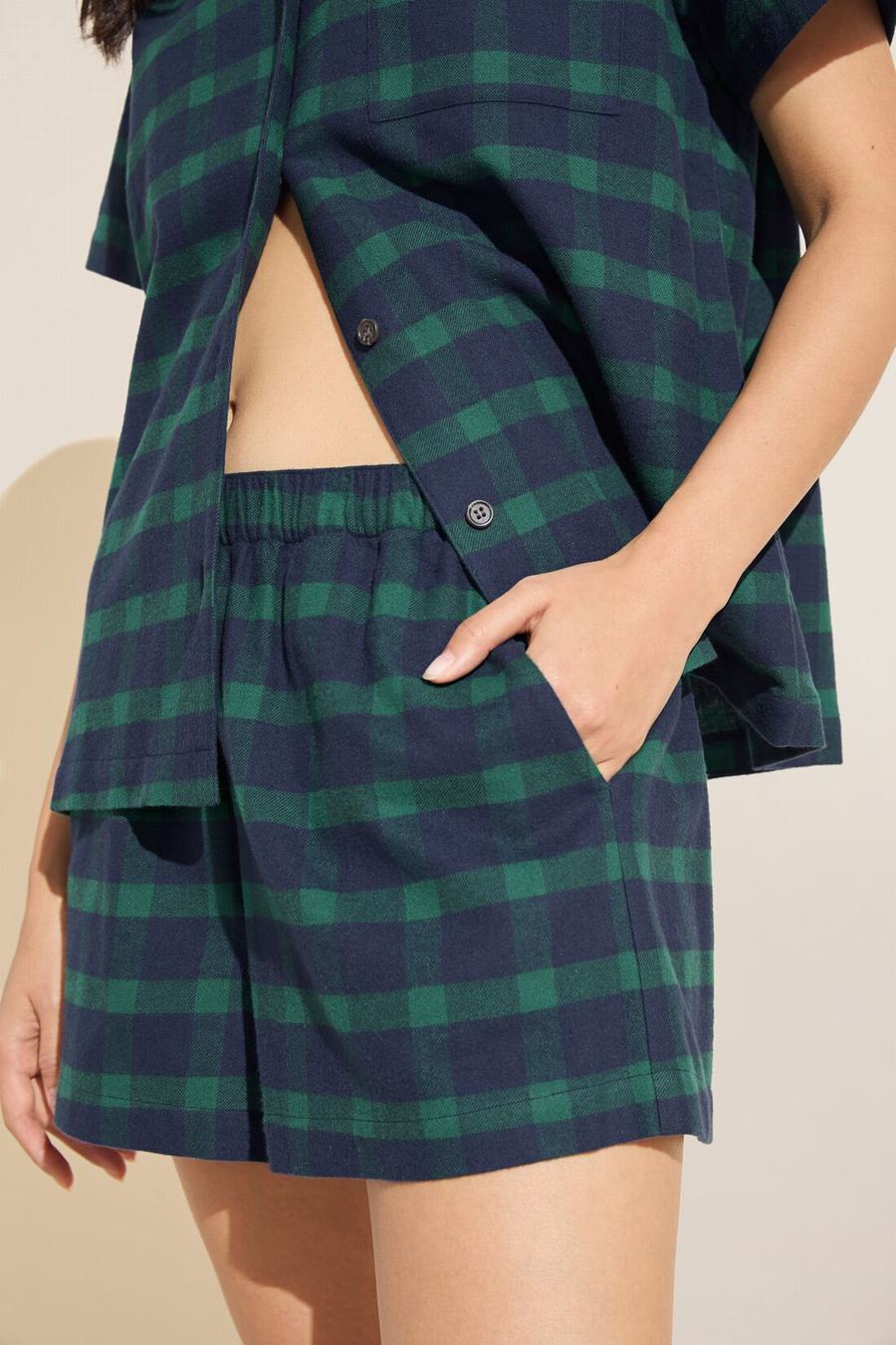 Navy Green Women Eberjey Flannel Short PJ Set Pajamas | LOL7388KO