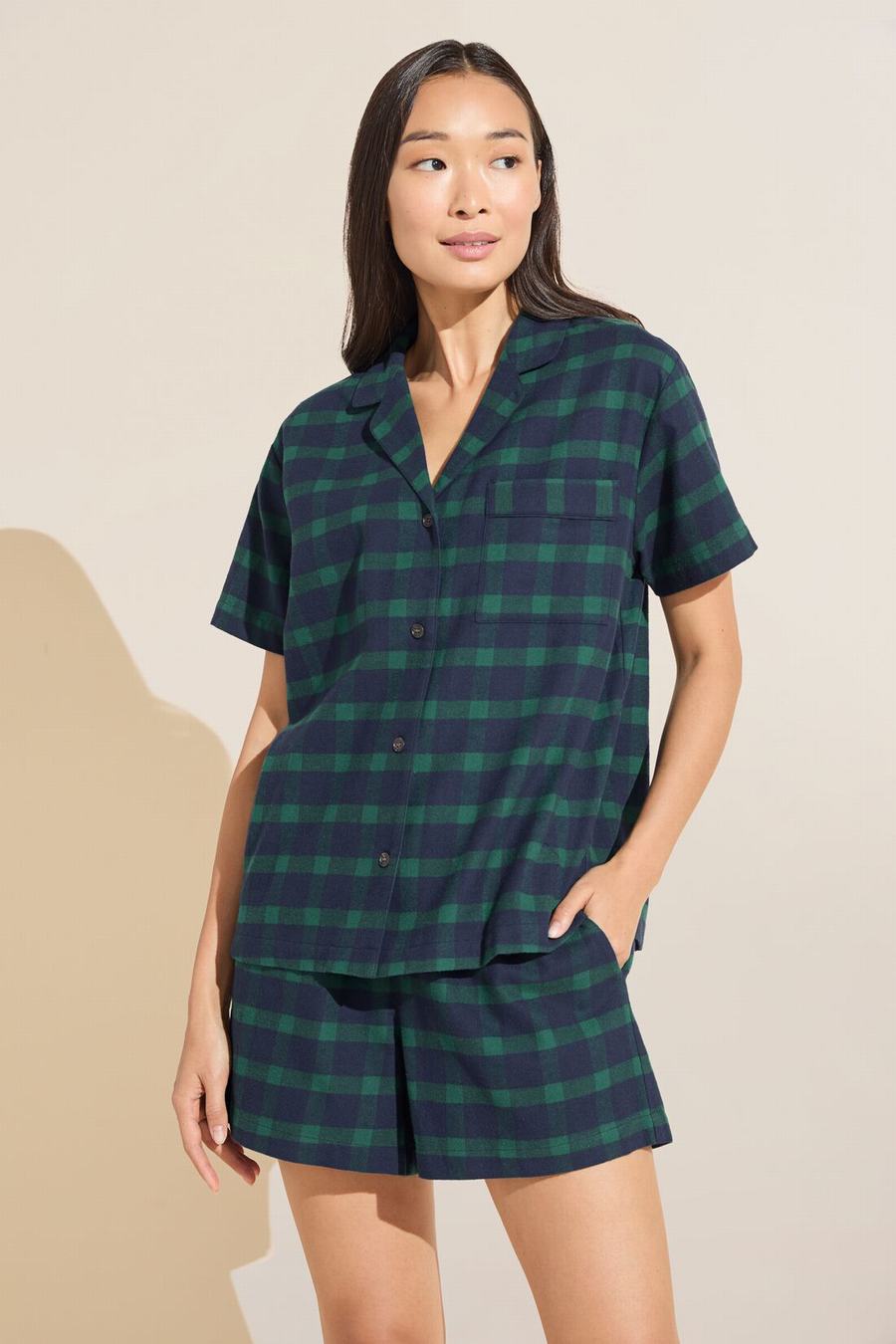 Navy Green Women Eberjey Flannel Short PJ Set Pajamas | LOL7388KO