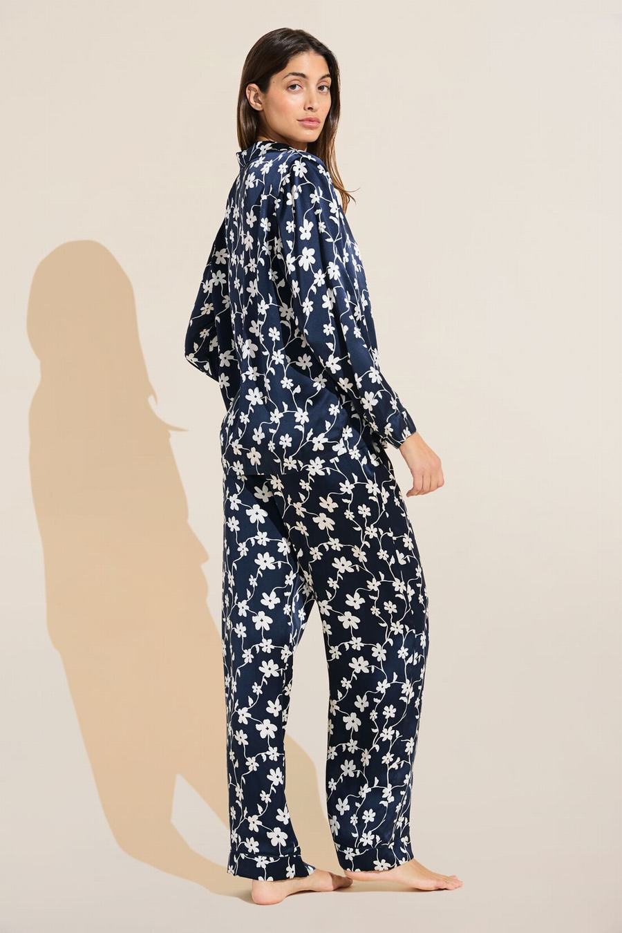 Navy White Women Eberjey Inez Washable Silk Printed Long PJ Set Pajamas | LVD3020BZ