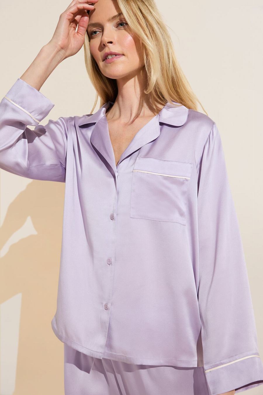 Purple White Women Eberjey Inez Washable Silk Long PJ Set Pajamas | FED2433EU