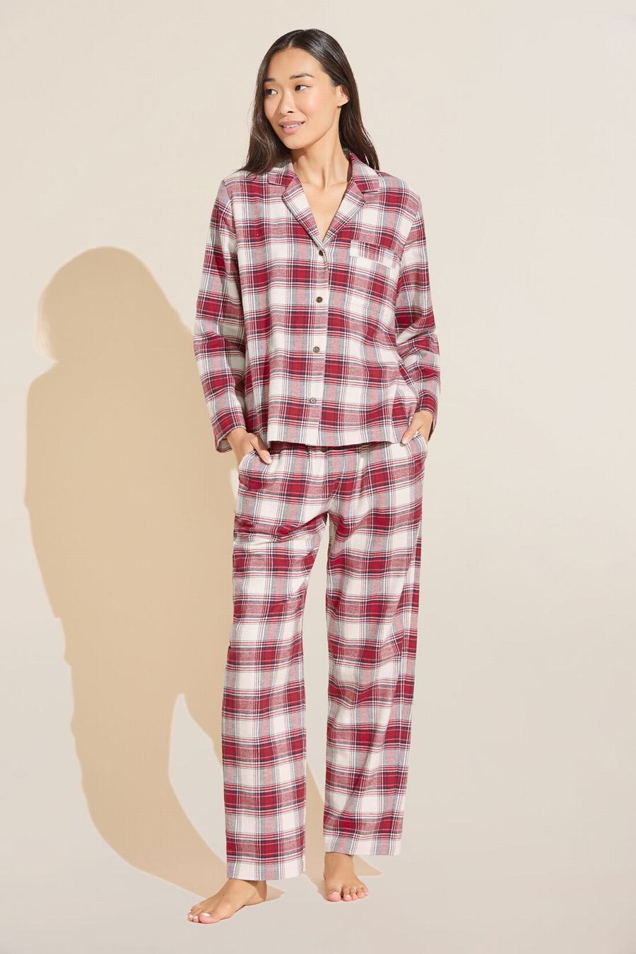 Red White Women Eberjey Flannel Long PJ Set Pajamas | PBL2794LL