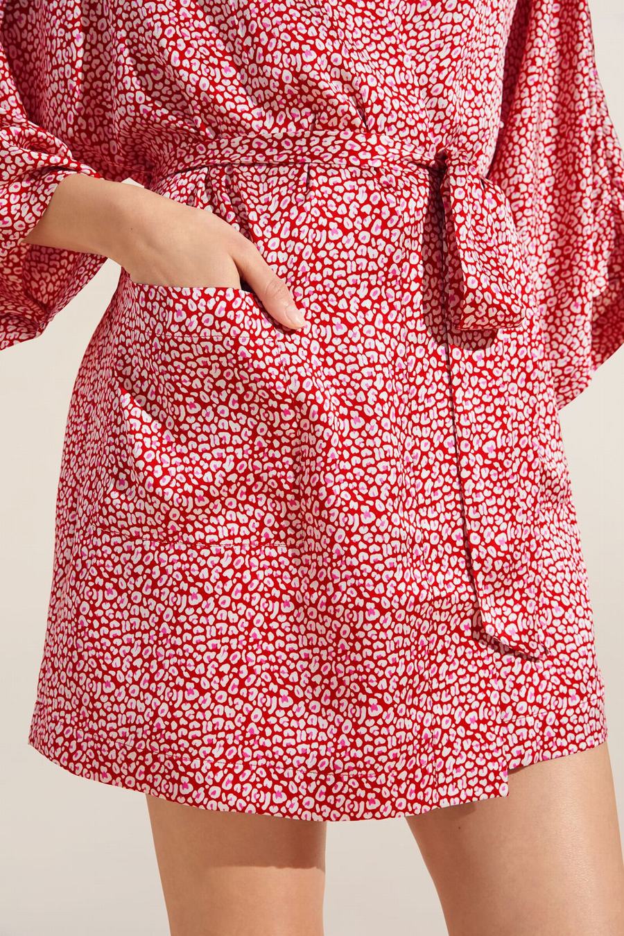 Red Women Eberjey Inez Printed Washable Silk Short Robe | WAR2690NI