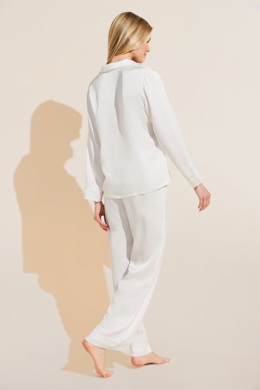 White Women Eberjey Inez Textured Washable Silk Long PJ Set Pajamas | EGV9129ZX