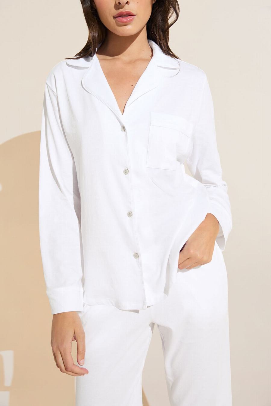 White Women Eberjey Organic Pima Cotton Notch Collar Top & Pant PJ Set Pajamas | LRZ3746TO